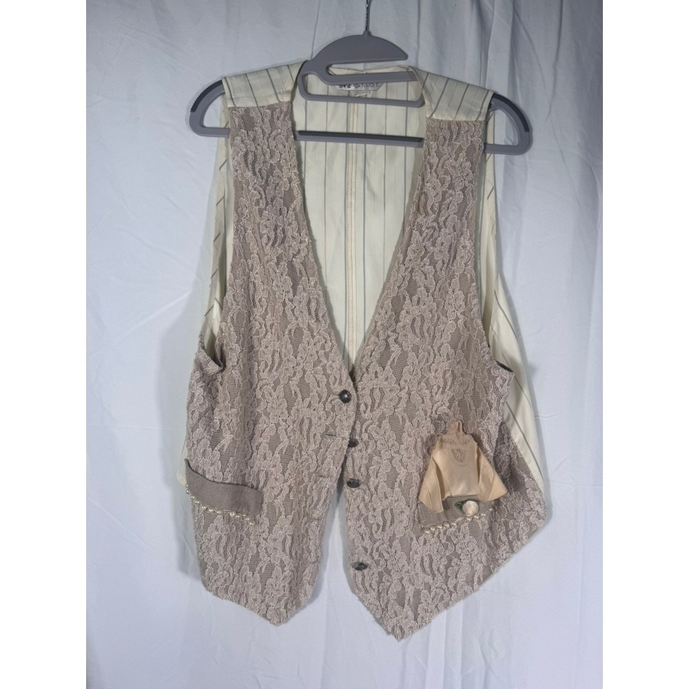 English Rose Vintage Lace Vest Taupe Pearl Trim Pinstripe Back Size 14 Y2K